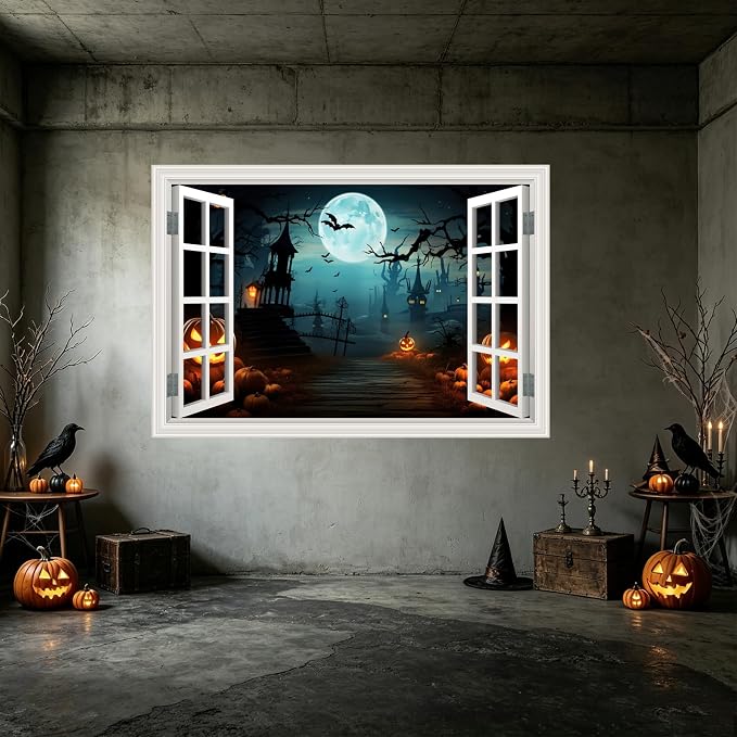 Halloween Decorations Decal Scary Fake Window Halloween Party Decor Sticker | ｜Full Moon Night View Terror Castle Pumpkin Bat Spooky Wall Art Poster Mural ｜ Peel and Stick Decals｜48"x32",Set of 2 Sheets - Image 9