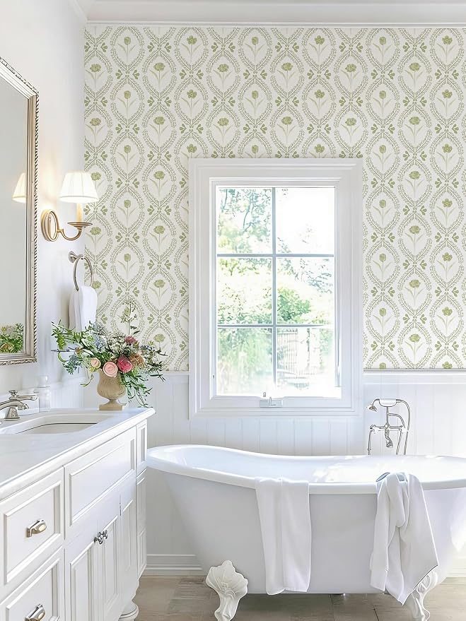 Orainege Peel and Stick Wallpaper Floral Vintage Wallpaper Self Adhesive | 16.9in x118.1in Removable Beige and Green Floral Wallpapers for Living Room Bathroom Shelf Vinyl Roll Decor - Image 6