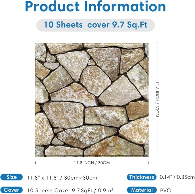 COMSTICKC 3D Peel and Stick Faux Stone Wall Panels for Quick DIY Wall Decor | Brown, 10 Pcs 11.8" x 11.8", Not Real Stone, Lightweight Thin PVC Decorative Tiles Wall Sticker Wallpaper, Cover 9.7 sq ft - Image 5
