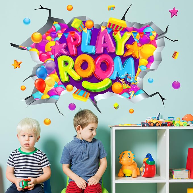 Kids Playroom Wall Decals Colorful 3D Broken Wall Stickers Peel and Stick | Playroom sign, removable vinyl art wall murals, colorful inspirational decoration, for classroom nursery baby bedroom school - Image 5