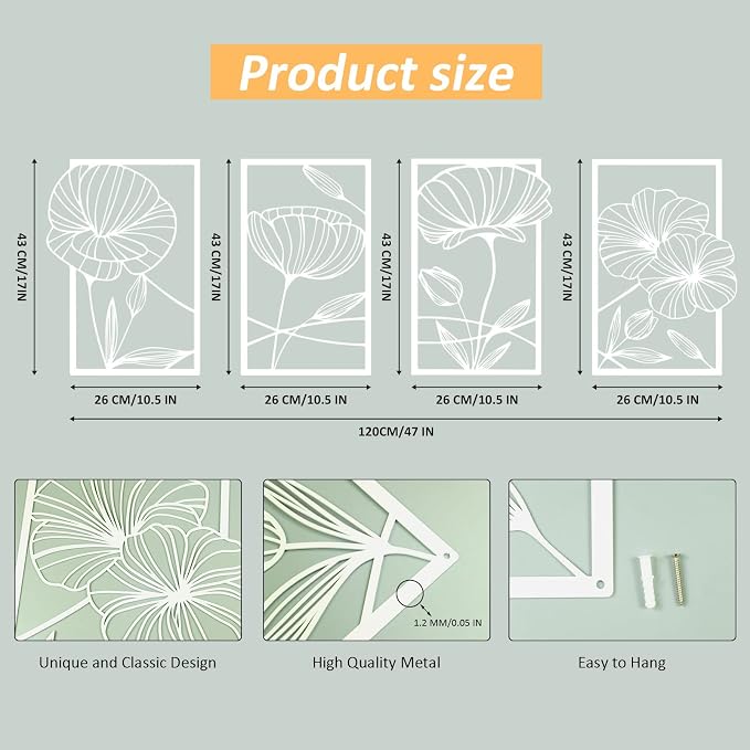 ESTART 4Pcs Metal Lotus Wall Decor Abstract Floral Line Art Sculpture | Minimalist Wall Decor for Bedroom Flowers Hanging Wall Sculpture for Living Room Kitchen Office and Yoga Room (White) - Image 2