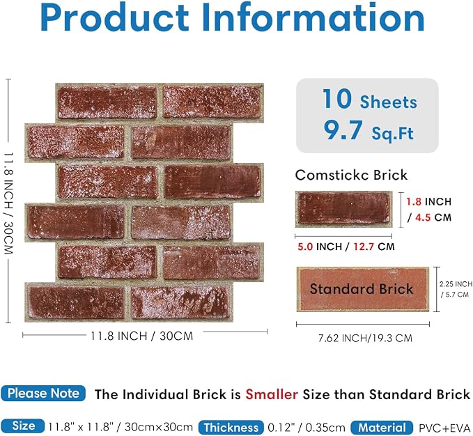 COMSTICKC 3D Faux Brick Wall Panels Peel and Stick, 10 Pcs 11.8" x 11.8" | Red, Not Real Brick, Small Size, Ultra-Light Thin PVC Sticker, Fake Brick Decorative Tiles for DIY Decor, Cover 9.7 sq ft - Image 5