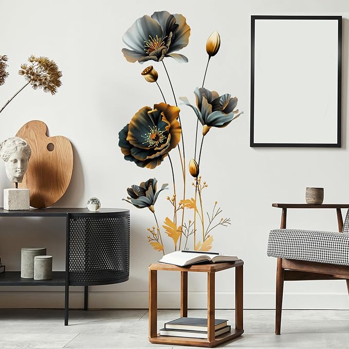 Black and Gold Wall Decor Art Stickers 3D Flower Wall Decals Floral Gold Leaves Plants Butterfly Sticker Murals Vinyl Peel and Stick for Living Room Bedroom Sofa TV Background Home Decor by Unknown