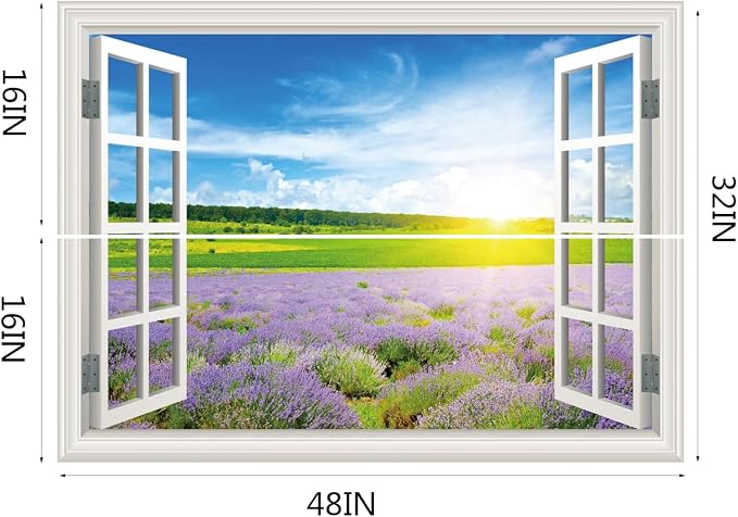 Fake Window Wall Decal- Summer Grassland Lavender Flower Open Wall Sticker | Faux Window Natural Scenery Landscape Mural｜Stick and Peel Wall Decals｜for Room Office Scene Decor｜48"x32",Set of 2 Sheets - Image 2