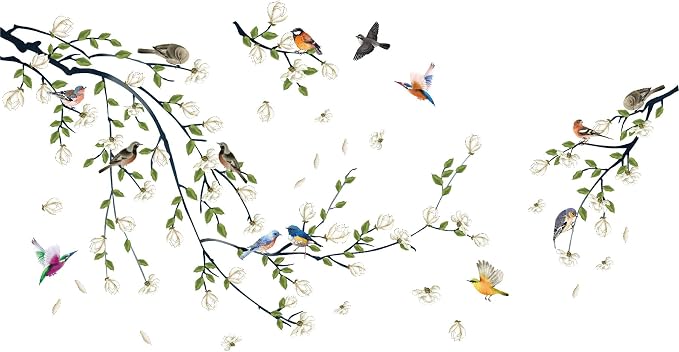 Green Vine Wall Decal White Flowers and Birds on Branch Natural View Wall Sticker DIY Detachable Peel and Stick Wall Art Mural for Living Room Bedroom offcie Home Decor - Image 8