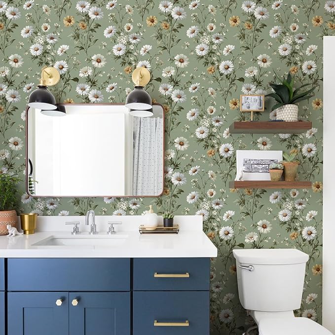 Livebor Floral Peel and Stick Wallpaper Green Wallpaper 16.9in x196.8in | Daisy Floral Contact Paper Flower Wallpaper Peel and Stick Modern Self Adhesive Removable Wall Paper for Bedroom Vinyl - Image 4