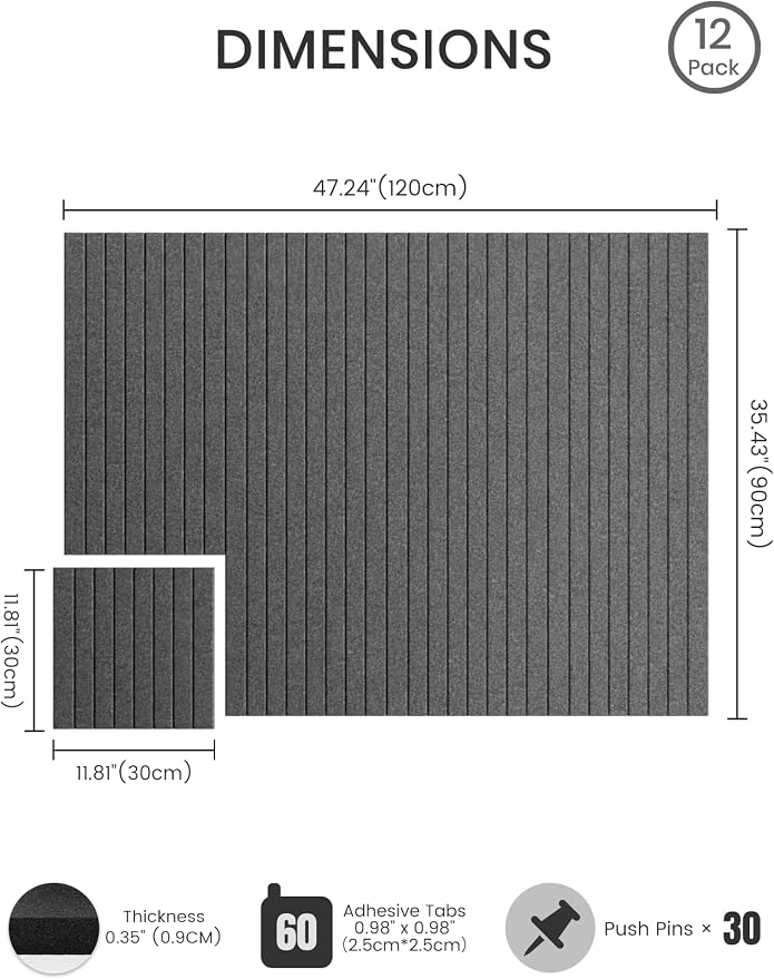 Bumusty 48"x 36" Large Felt Bulletin Board Tiles, Charcoal Gray | 12-Pack Cork Board Alternative, Wall Decor, 30 Pushpins, 60 Adhesive Tabs, Vision Board, Office, Classroom, Home, Dorm - Image 2