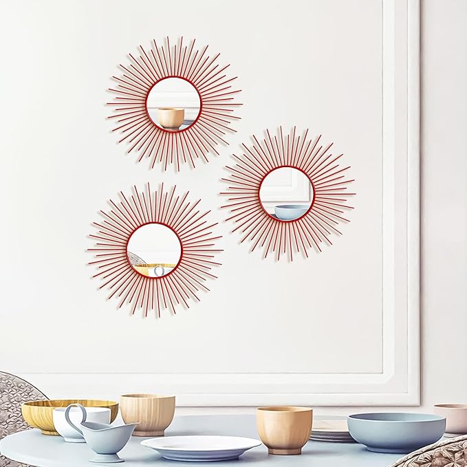 3 Pack Metal Mirrors for Wall Sunburst Wall Mirrors Home Décor Decorative Hanging Wall Art for Living Room Bedroom Entryway (Red, Sunburst) - Image 7