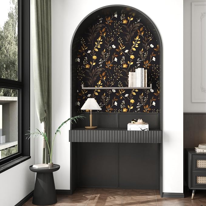 Laatse Black Floral Leaf Vintage Wallpaper Peel and Stick 17.5" × 118" | Self Adhesive/Removable/Waterproof/Thick Vinyl Contact Paper for Bathroom Bedroom Shelf Cabinet Drawer,Prepasted,Easy Peel - Image 5