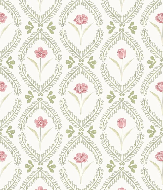 Orainege Peel and Stick Wallpaper Green Pink Floral Wallpaper | 16.9in x196.8in Leaf Contact Paper Vinyl Waterproof Self Adhesive Boho Botanical Wallpapers for Bedroom Living Room Decor by Orainege