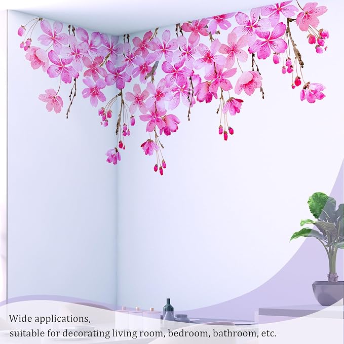 Cherry Blossom Flowers Wall Decals Peel and Stick, Large Floral Vinyl Wall Stickers, Removable Vine Home Decor Art for Bedroom Living Room Classroom Office - Image 6