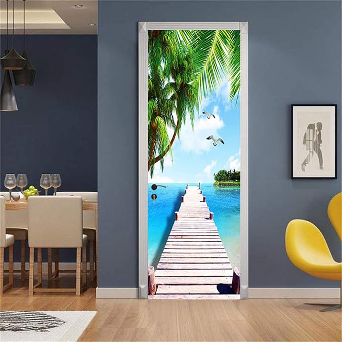 artfanke 3D Door Sticker Peel and Stick 33.5"x84.6"- Self-Adhesive Door Murals Wallpaper- Wooden Bridge Seascape Wall Decals Waterproof for Bedroom Decor (2 Sheets/Set) - Image 5