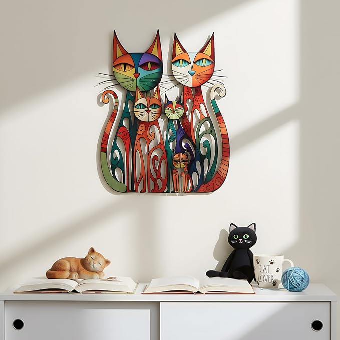 Wesiti Metal Cat Wall Art 11x11.8in Colorful Retro Iron Sculptures | Vintage-chic Geometric Feline Design, Retro Decor for Living Room Bedroom Kitchen Office, Great for Cat Lovers Home - Image 3