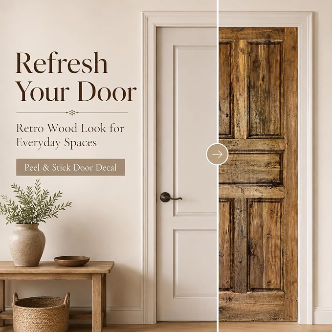 Door Stickers Peel & Stick Murals-Wall Covers Decorative Decal Wooden | 30.3"W x 78.7"H, 3D Wooden Wallpaper，Waterproof Removable Opaque Vinyl Self Adhesive Fake Door Decor for Home Office - Image 2