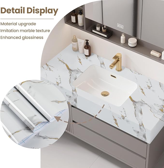Marble Contact Paper Gold Peel and Stick Wallpaper for Kitchen Countertop | 17.7" x 78.7" Glossy White Granite Removable Wall Paper for Kitchen Countertop Cabinet Furniture - Image 4