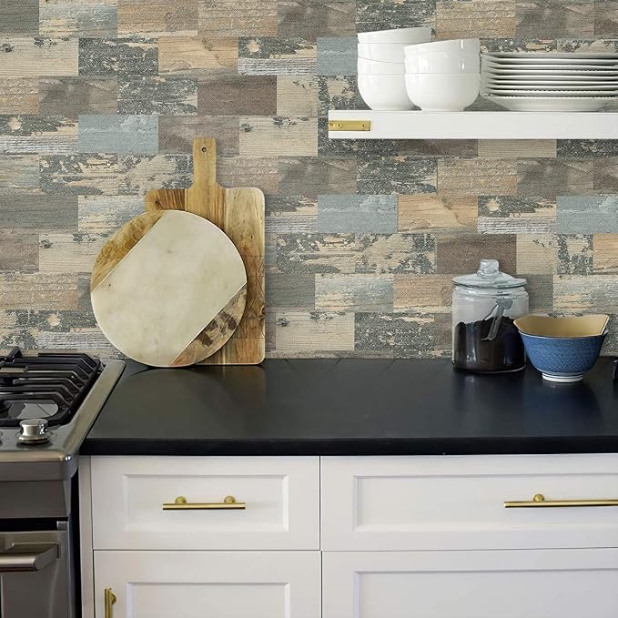 DEWOO 20 Sheet Peel and Stick Wall Tile Kitchen Backsplash Self Adhesive | Distressed,PVC,Rustic,Faux Wood, Country,Farmhouse,13.5" x 11.4" - Image 3