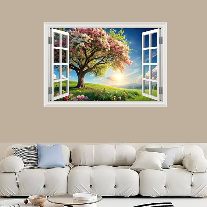 Fake Window Wall Mural Spring Green Flowers Tree Art Poster Faux Window Wall Sticker for Office Home Room Decor, Peel and Stick Wall Decals 24" x 16" - Image 4