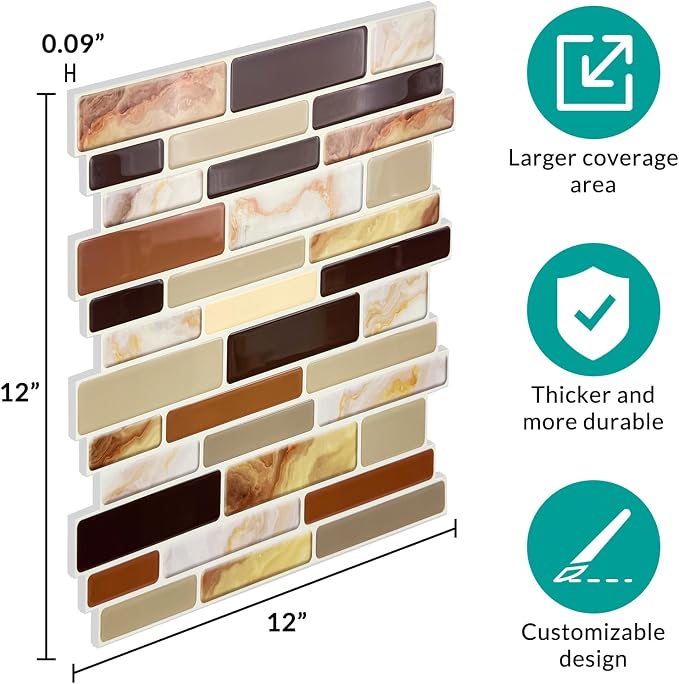 Joysticky 10-Sheet Peel and Stick Backsplash, 12" * 12" Crystal Texture Stick on Tiles Backsplash for Kitchen & Bathroom, Thicker Design Peel and Stick Wall Tiles (Coffee Gold) - Image 4