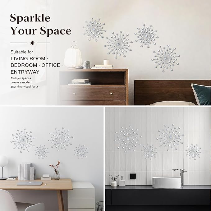 ZEXUIRU 4 Set Silver Starburst Wall Art for Home Decor Metal Bling Crystal Rhinestones Sunburst Wall Decor Sparkling Rhinestone Art Accent Silver - 13 in - Image 7