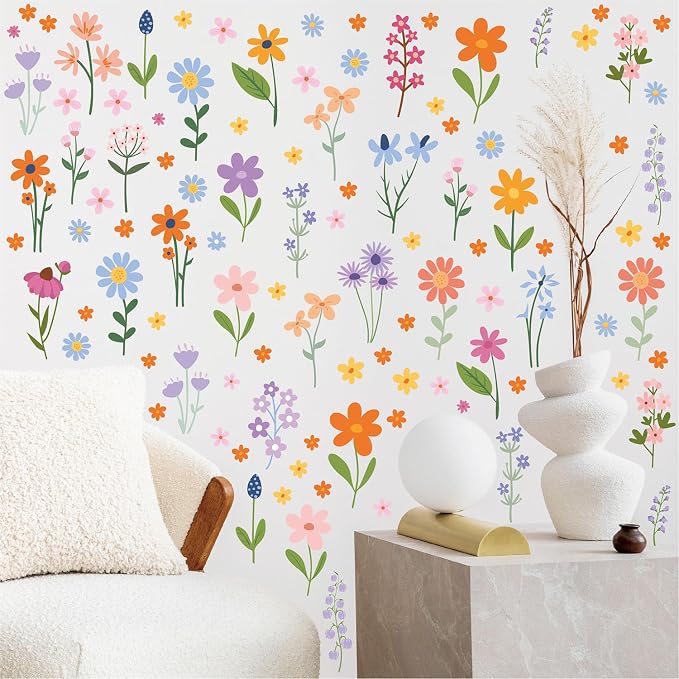 Wildflower Wall Stickers, Colorful Flowers Wall Stickers Peel and Stick, Boho Floral Wall Decals with Wildflower, 8 Sheets of 102 Pieces,Wall Art Decor for Bedroom Nursery Living Room (Wildflower3) - Image 3