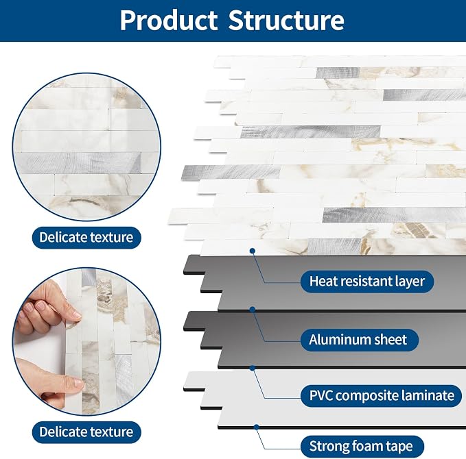 Yipscazo 2026 New Upgrade Peel and Stick Backsplash, Stick on Backsplash Tiles for Kitchen, Bathroom, Fireplace (10 Sheets, Polished White with Gold) - Image 5