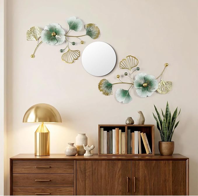 Tandefio 3 Pcs Metal Decorative Wall Mirrors for Living Room Metal Ginkgo Leaf Mirror Modern Creative Wall Decor Art Hanging Decor Mirror for Entrance Bedroom Living Room (Gold Green,16.inches) - Image 3