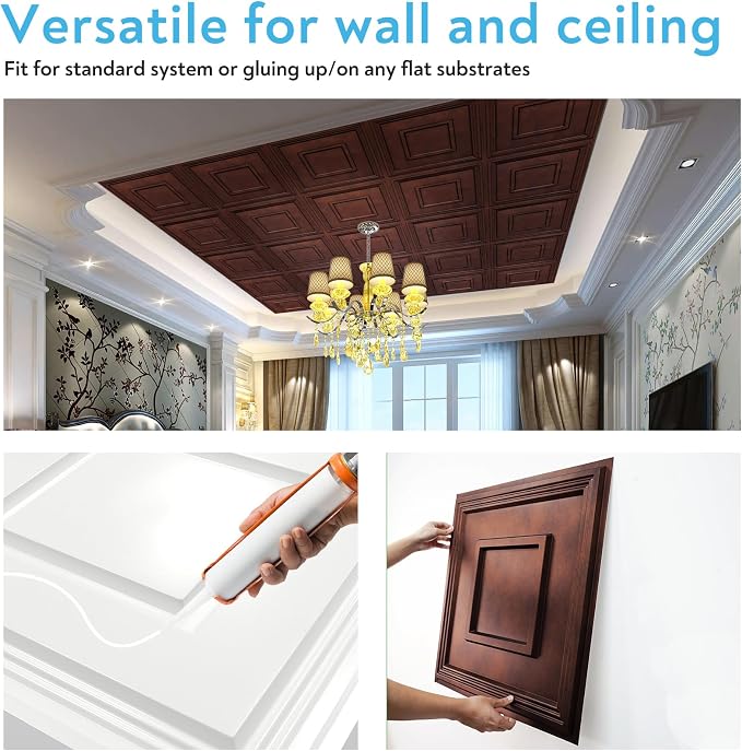 STICKGOO Glue Up Ceiling Tiles, 24x24 Inch PVC Decorative Drop Ceiling Tile Antique Copper 48 Sq. Ft, Pack of 12 Tiles - Image 6