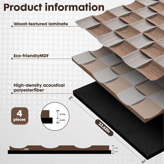 Acoustic Wood Slat Panels,23.6"x23.6",3D Concave Convex,4 Pcs | Fluted Wood Panel Sound Absorbing Panel for Bedroom, Office, Interior Decor, (15.5ft²), Black Walnut Wood+Silver Oak - Image 3
