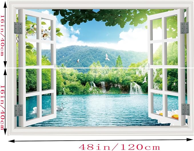 ‌Lmyhome Fake Window Wall Mural -Spring Lake Landscape Peel and Stick Wall Sticker Decal for Home Decor (48"x32") - Image 4