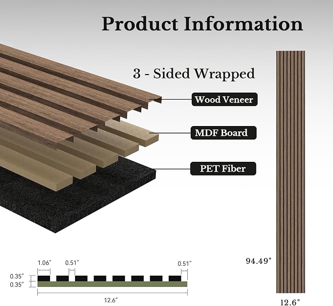 MISSDAY Wood Slat Acoustic Wall Panels, 4 Packs 94.5" x 12.6" Walnut Soundproof Panel For Interior Wall Decor Noise Absorbing-3D Textured Wooden Panel Sound-Absorbing for Home, Office, Studio - Image 6