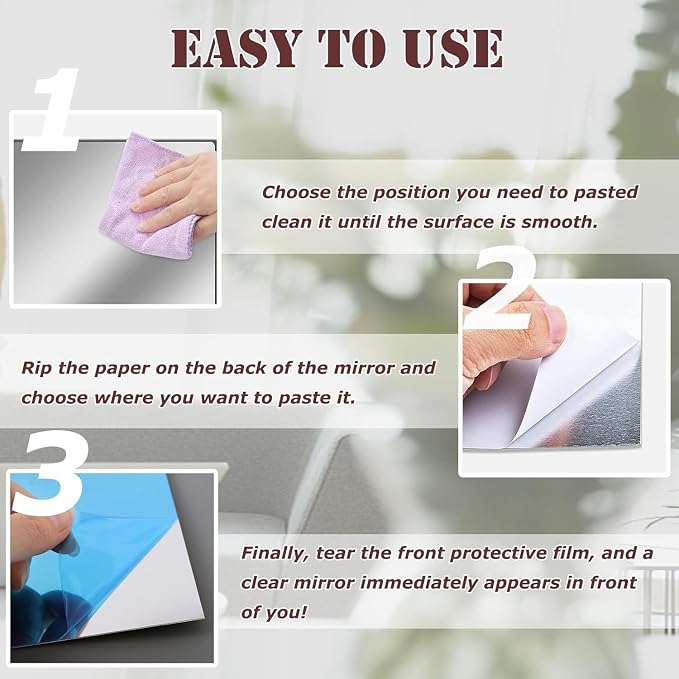 10 Pack Acrylic Mirror Tiles 0.2mm 8 x 6 Inch Self-Adhesive Flexible Plastic Mirror Sheets Full Length Mirror Stickers for Walls Bedroom Living Home Decoration - Image 3