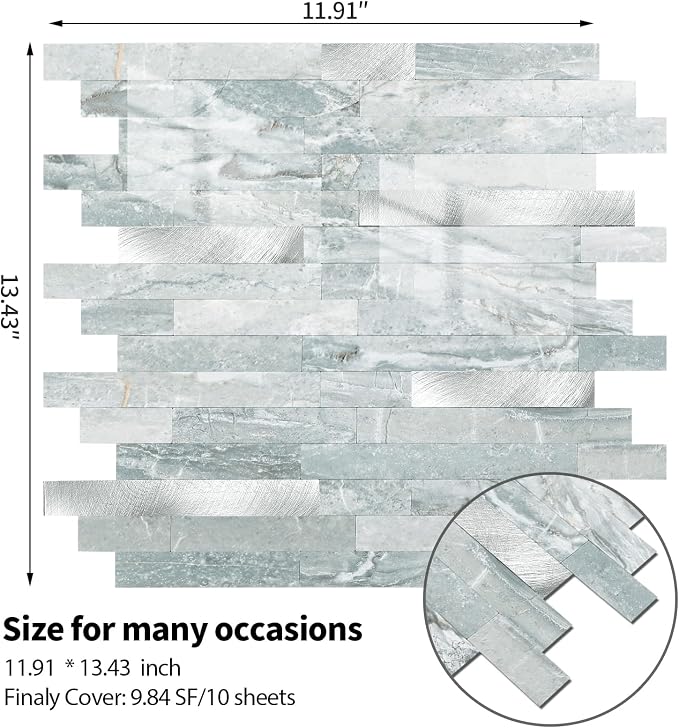 Yipscazo 5 Sheets Peel and Stick Stone Metal Tile Backsplash, Stick on Tiles for Backsplash Kitchen, Bathroom, Laundry Room, Camper, Fireplace (12'' X 12'', Polished Cyan) - Image 5