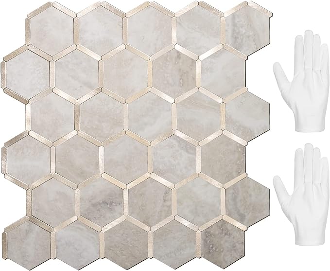 STICKGOO Hexagon Peel and Stick Backsplash Tile, Stick on Backsplash for Kitchen and Bathroom, Beige Marble Look PVC Mixed Metal Gold Self Adhesive Wall Tiles(10 Sheets, Seamless) by STICKGOO