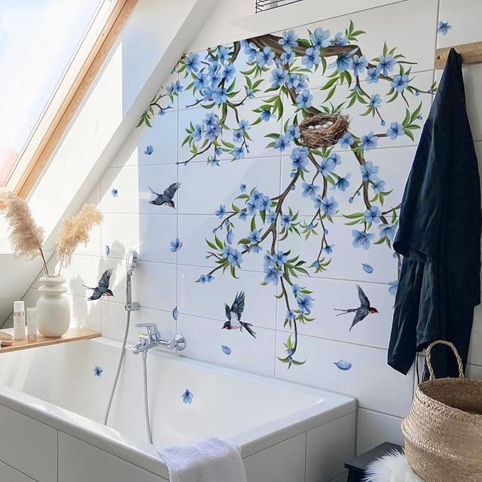 Blue Flower Wall Sticker Large Tree Branch Wall Decal Peel and Stick Floral Bird Wall Art Decor Hanging Flower Vine Wall Sticker for Living Room Bedroom - Image 5