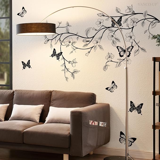 2 Sheets Black Flower Vine Wall Decals Peel and Stick Removable Butterfly Wall Stickers & Murals Vinyl Floral Simplicity Wall Stickers Decor for Bathroom Living Room Kitchen Landry Shower Door Art by SWORNADecorationLLC