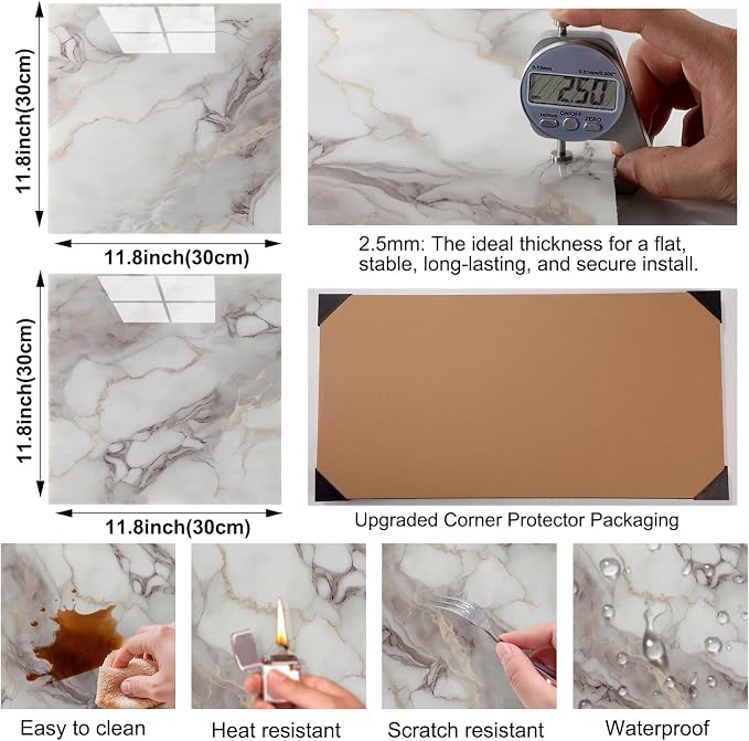 20pcs Peel and Stick Shower Tile Waterproof Marble Tiles Wall Panels 11.8"X11.8" Self-Adhesive Backsplash for Home Bathroom Kitchen Showers (Not Real Tile) - Image 8