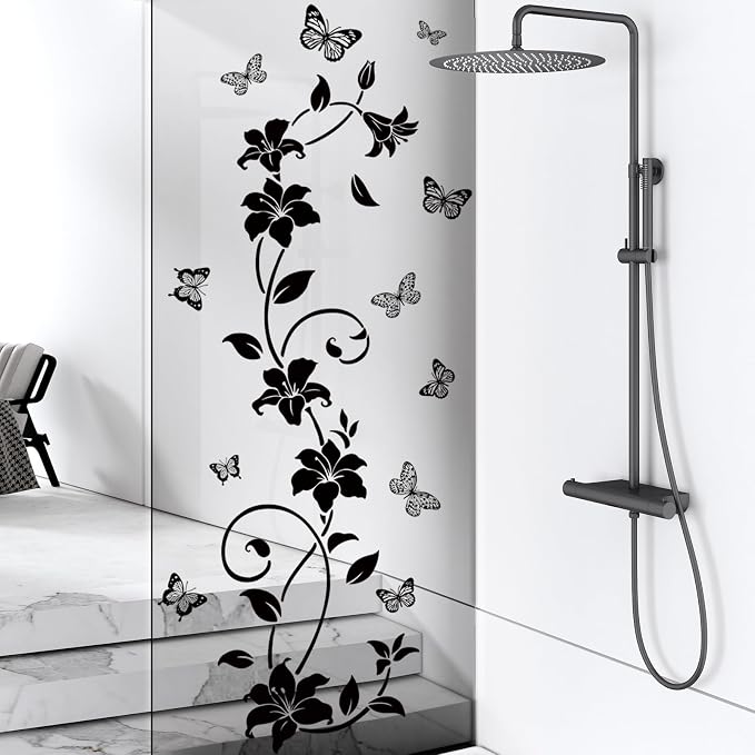 SHUCHING Black Flower Vine Butterfly Wall Decals for Bathroom | Simplicity Floral Wall Sticker, Shower Door Decals for Glass, Wall Decor Art for Bedroom Office - Image 4