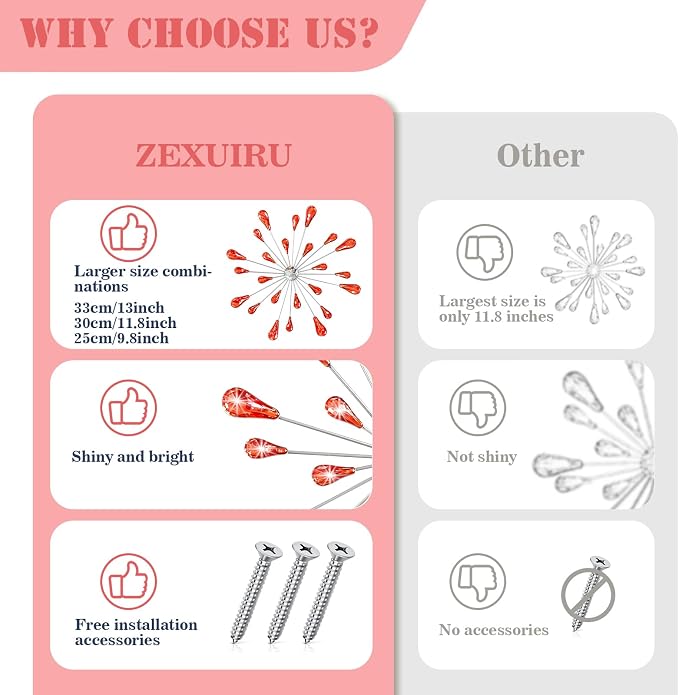 ZEXUIRU 4 Set Silver Starburst Wall Art for Home Decor Metal Bling Crystal Rhinestones Sunburst Wall Decor Sparkling Rhinestone Art Accent -Red 13in/11.8in/9.8in/9.8in - Image 7