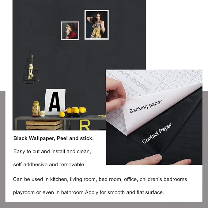 Arthome 11.8''x100'' Black Contact Paper, Self Adhesive Wallpaper Waterproof Gloss PVC Vinyl, Oil Proof,Black Wallpaper, Vinyl Paper for Furniture Cover Surface,Countertop,Kitchen,Shelf Liner - Image 3