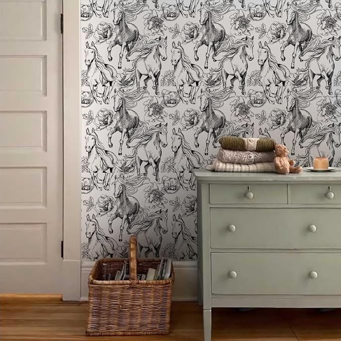 Black and White Peony Floral Horse Modern Peel and Stick Wallpaper Wall Decor Self Adhesive Wall Paper Stick on Easy Peel Off Contact Paper for Renter Bedroom Apartment - Image 3