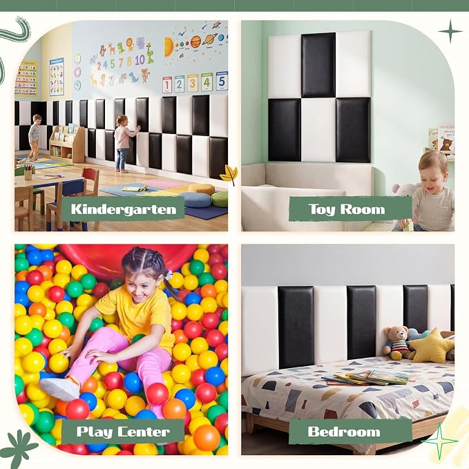 Hahafelt 6 Pack Wall Padding for Playroom Peel and Stick Headboard 15.7" × 7.9" × 1.2" 3D Anti Collision Upholstered Wall Panels Self Adhesive Headboard (Minimalist Black and White) - Image 6