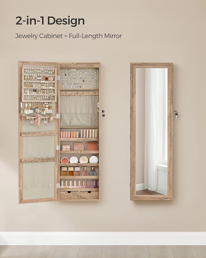 SONGMICS 6 LEDs Mirror Jewelry Cabinet, 47.2-Inch Tall, Lockable - Image 4