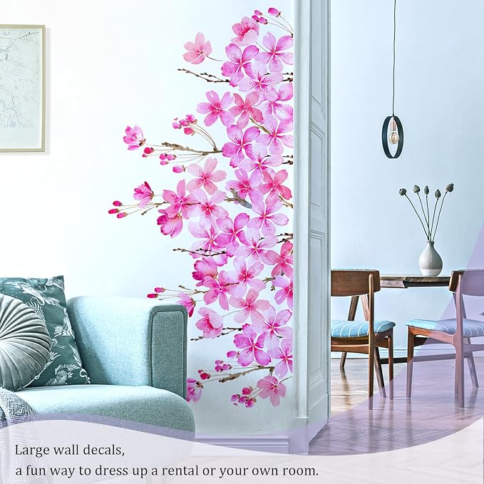 Cherry Blossom Flowers Wall Decals Peel and Stick, Large Floral Vinyl Wall Stickers, Removable Vine Home Decor Art for Bedroom Living Room Classroom Office - Image 4