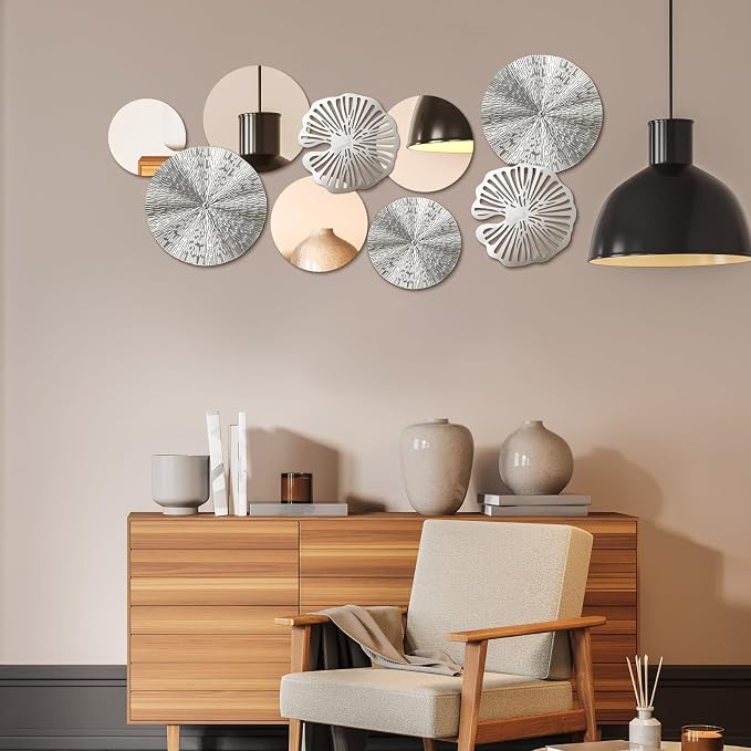 Hicarer 9 Pcs Circle Mirrors Metal Home Decor Wall Decorative Modern Round Accent Wall Art Sculpture Hanging Decorations for Living Room Office Bedroom Kitchen(Silver) - Image 4