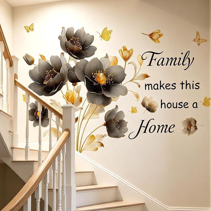 Floral Flower Family Quotes Butterflies Peel and Stick Wall Decor Decals | Elegant gold flower removable vinyl wall stickers mural with "Family makes this house a home" quote for living room bedroom - Image 3