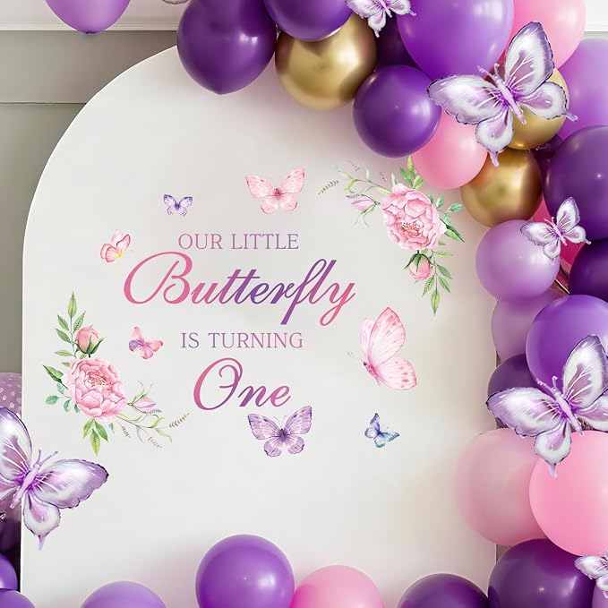 LHIUEM Butterfly First Birthday Decals Purple Our Little Butterfly is Turning One Inspiration Wall Signs Pink Floral Baby Girl Fairy Happy Birthday Party Stickers Supplies for Balloon Arch Background - Image 3