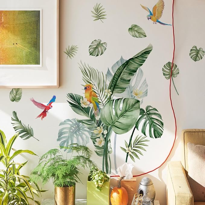 Jungle Wall Decals Peel and Stick, Large Tropical Palm Leaves & Parrot Wall Stickers, Removable Watercolor Forest Mural for Living Room, Bedroom, Nursery (Green-b) - Image 6