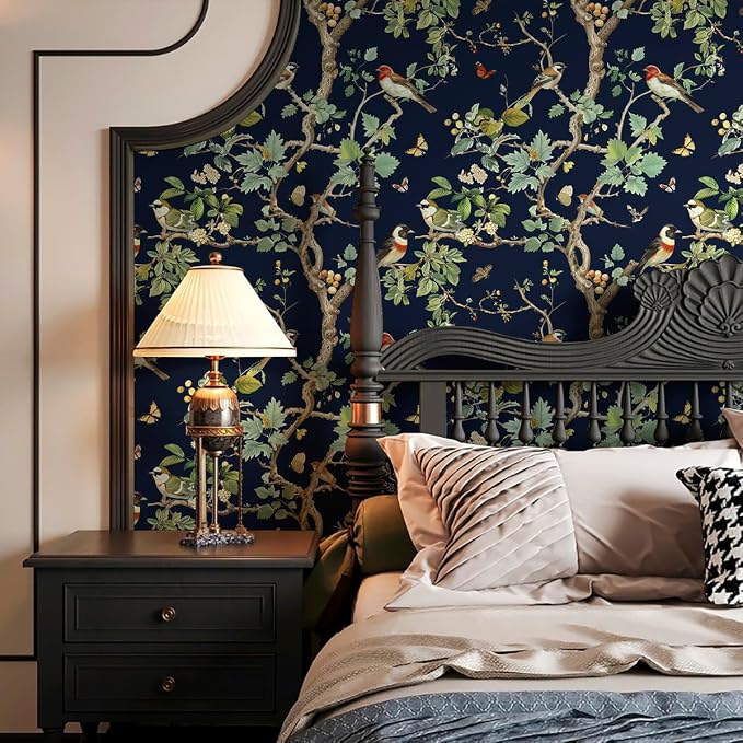 Nukofal Dark Bird Peel and Stick Wallpaper Floral Contact Paper 16.9"x118" | Floral Wallpaper Peel and Stick Bird Contact Paper Waterproof Boho Self Adhesive Removable Wall Paper for Cabinet Decor Vinyl - Image 2