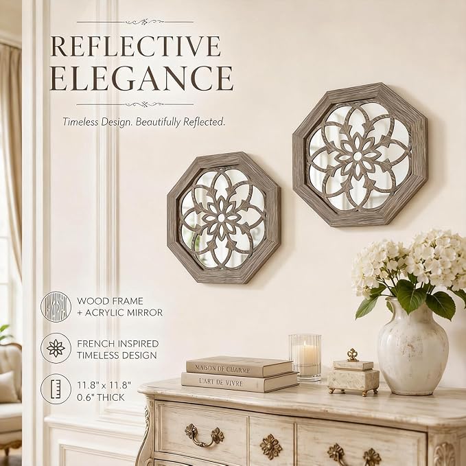 2 Pack 12 Inch Octagon Brown Rustic Wood Frame Acrylic Wall Mirrors, Farmhouse Boho Wall Art Decor for Living Room, Bedroom, Hallway, Entryway, Bathroom & Office - Image 4