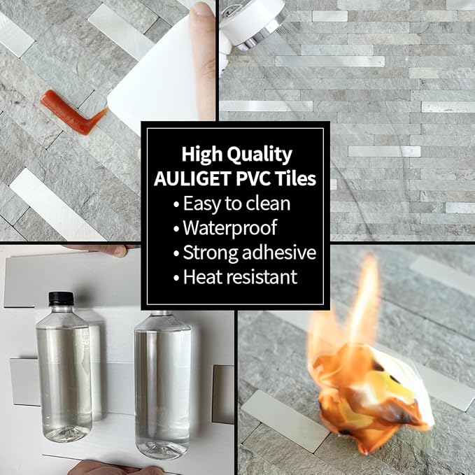 AULIGET 2 Sheets Mountain Rock Peel and Stick Backsplash, PVC Mixed Metal Gold Wall Tile Stick on Backsplash for Kitchen and Bathroom - Image 5